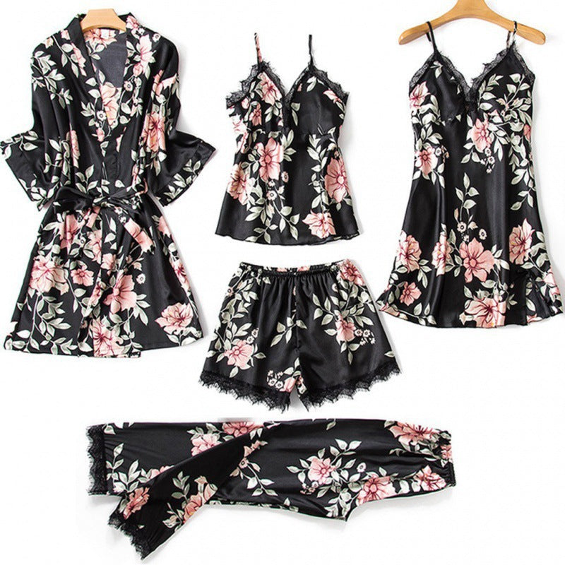 Women's Loose & Comfortable Lace - Trimmed 5 - Piece Pajama Set| Perfect for Lazy Days & Sleepovers| For Fashion - Conscious Ladies