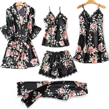 Women's Loose & Comfortable Lace - Trimmed 5 - Piece Pajama Set| Perfect for Lazy Days & Sleepovers| For Fashion - Conscious Ladies