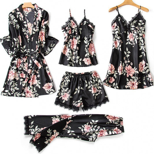 Women's Loose & Comfortable Lace - Trimmed 5 - Piece Pajama Set| Perfect for Lazy Days & Sleepovers| For Fashion - Conscious Ladies