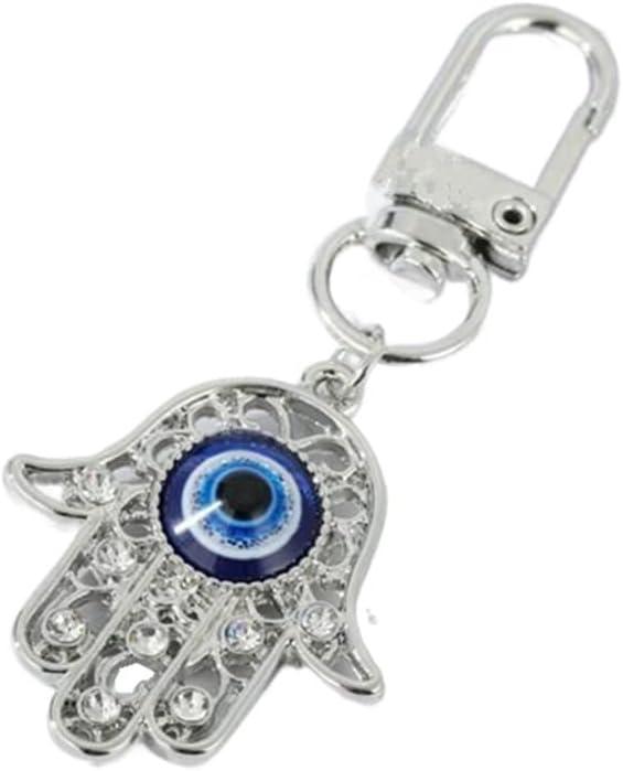 Crystal Evil Eye Hamsa Key Ring Chain, Rhinestones Charm Fatima Hand Keychain for Handbag Purse Pendant with Clip, Car Rearview Mirror Ornament Keyring Jewelry (Silver)