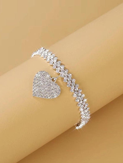 Women's Elegant Trendy Rhinestones Decorated Summer Anklet with Heart Design, Fashion Summer Jewelry for Party, Daily Clothing Decor, Trendy All-match & Exquisite Jewelry for Birthday Gift