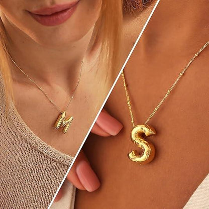 Letter Necklace Balloon Initial Necklaces for Women Girls Dainty Alphabet Pendant   Puffy Name Personalized Jewelry Gift Fashion Personality Jewelry For Girls Plated Gold Bubble Letter Necklace