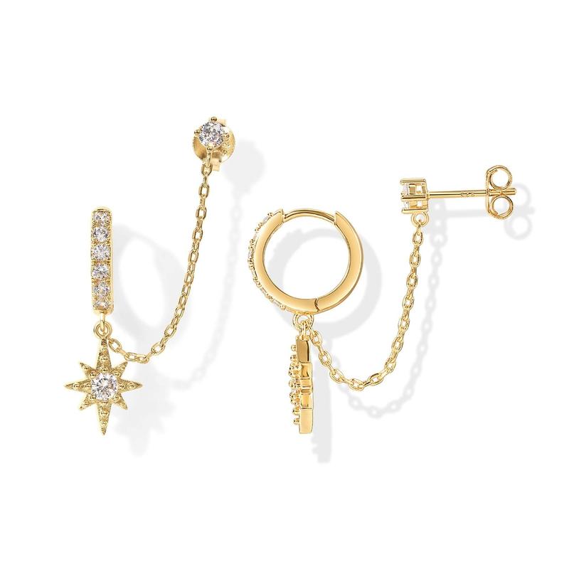 14K Gold Chain Earrings for Women | Double Piercing Dangle Chain Huggie Hoop Earrings | Cubic Zirconia Star Stud Ear Cuff Earrings for Women