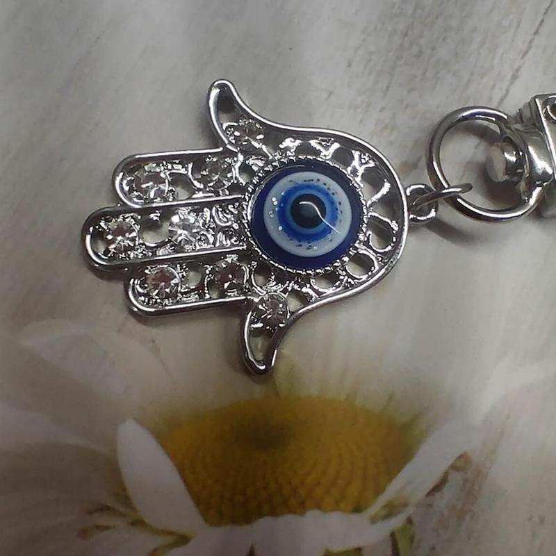Crystal Evil Eye Hamsa Key Ring Chain, Rhinestones Charm Fatima Hand Keychain for Handbag Purse Pendant with Clip, Car Rearview Mirror Ornament Keyring Jewelry (Silver)