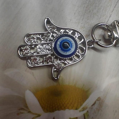 Crystal Evil Eye Hamsa Key Ring Chain, Rhinestones Charm Fatima Hand Keychain for Handbag Purse Pendant with Clip, Car Rearview Mirror Ornament Keyring Jewelry (Silver)