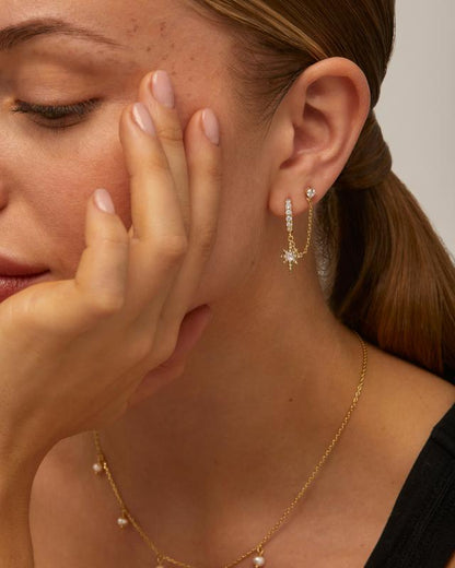 14K Gold Chain Earrings for Women | Double Piercing Dangle Chain Huggie Hoop Earrings | Cubic Zirconia Star Stud Ear Cuff Earrings for Women