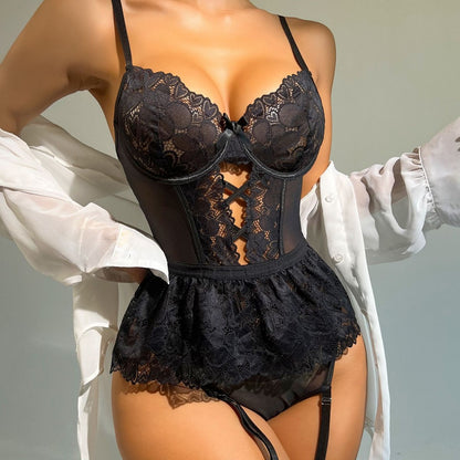 Lace Hollow-Out Backless Heart Temptation Bodycon Bodysuit for Women - Sexy Lingerie
