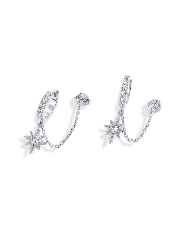 14K Gold Chain Earrings for Women | Double Piercing Dangle Chain Huggie Hoop Earrings | Cubic Zirconia Star Stud Ear Cuff Earrings for Women