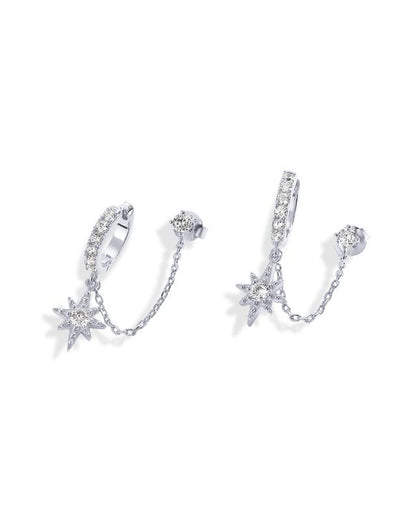14K Gold Chain Earrings for Women | Double Piercing Dangle Chain Huggie Hoop Earrings | Cubic Zirconia Star Stud Ear Cuff Earrings for Women