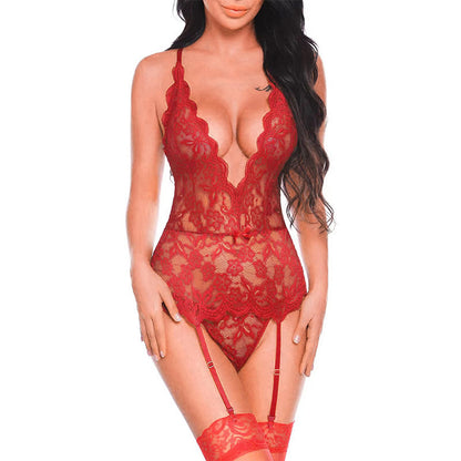 Plus Size Western-Style Sexy Lingerie - Lace Strap Bodysuit with Garter Belt, Perfect for a Passionate Night