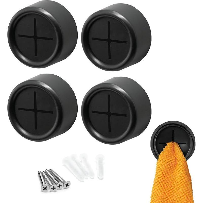 Round Adhesive Push Towel Hooks for Kitchen, Hand and Dish Towels, Grey, 4 Pack Organiser