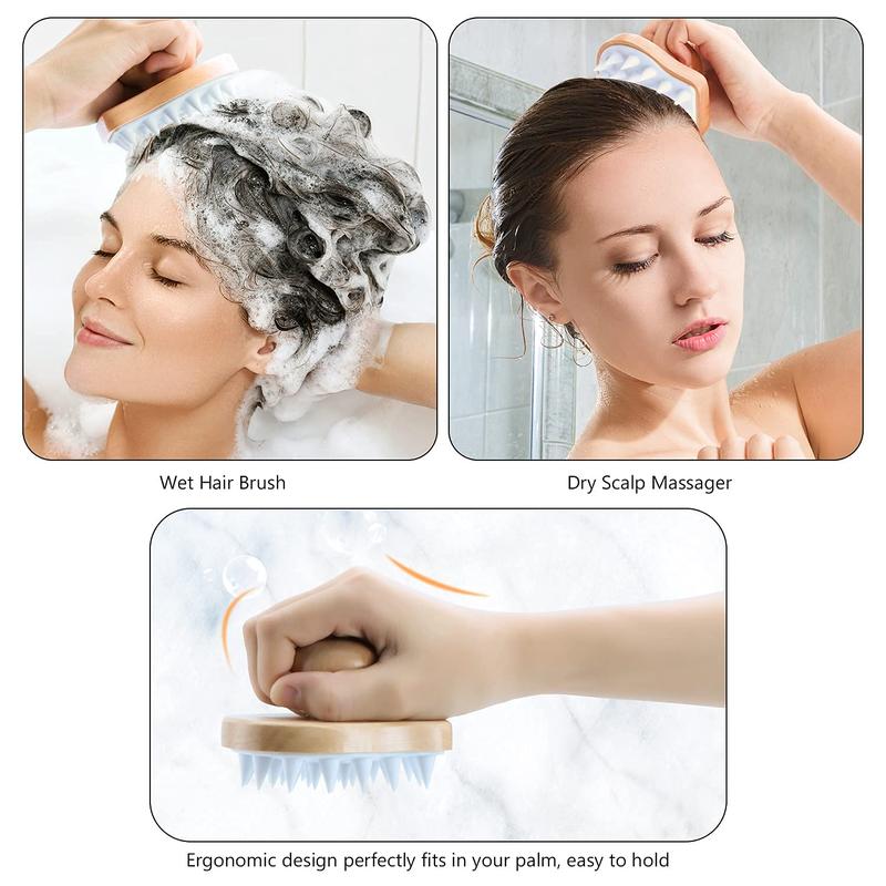 Scalp Massager Shampoo Brush, Wooden Wet and Dry Hair Scalp Care Brush, Shower Brush Scalp Scrubber Exfoliator with Soft Silicone Bristles for Dandruff Removal, Hair Growth (White)