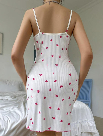 New Heart Print Contrast Loungewear - Split Lace Trim Bowknot Cami Dress! Cute & Sexy Pajama for Teen Girls.