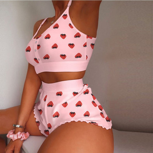 Fashionable printed pure-desire sling-strap pajama set-thin, tight and sexy home wear, ideal for young ladies