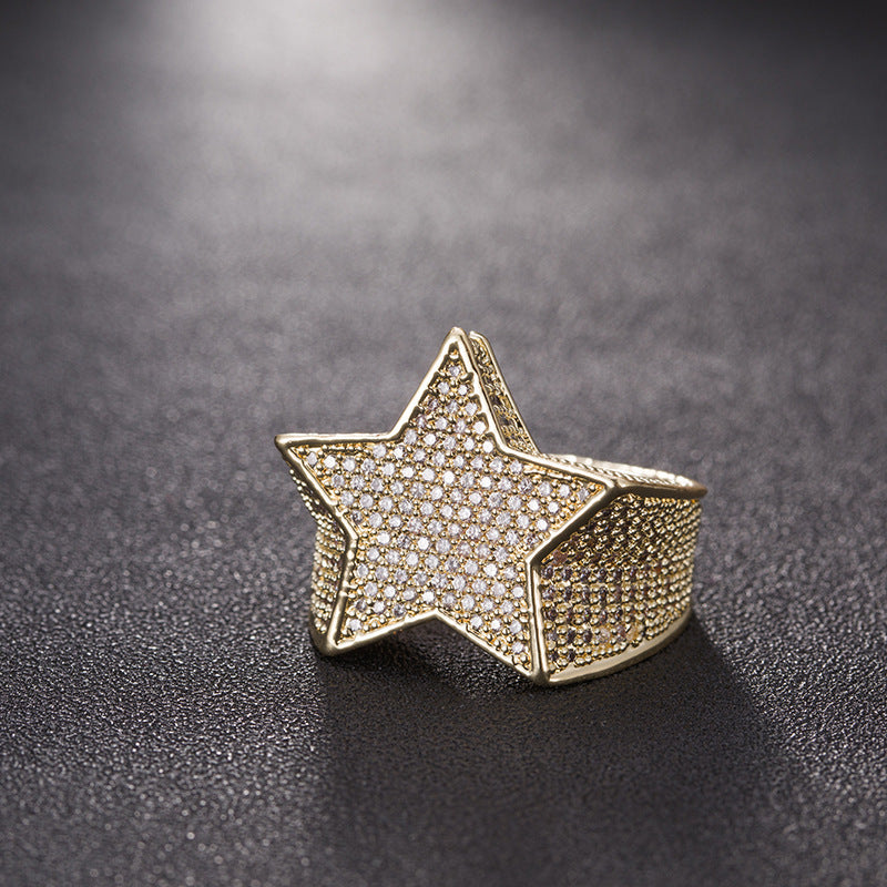 Full Diamond Micro Inlaid Zircon Pentagram Ring Men's Ornament