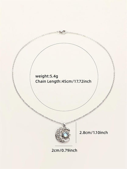 Women's Hollow Out Moon & Sun Design Pendant Necklace, Inlaid Artificial Gemstone, Elegant Necklace for Party, Daily Decor For, Exquisite Jewelry for Gift