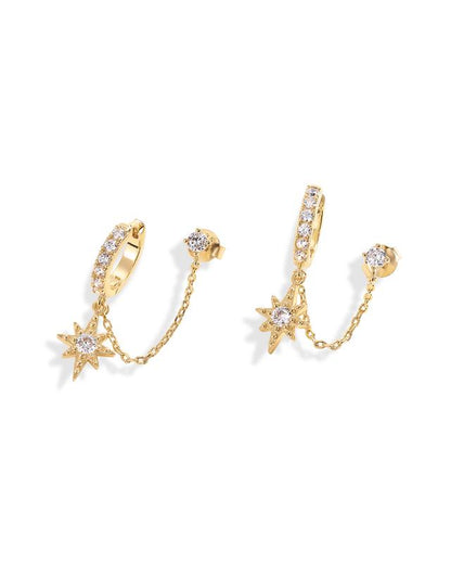14K Gold Chain Earrings for Women | Double Piercing Dangle Chain Huggie Hoop Earrings | Cubic Zirconia Star Stud Ear Cuff Earrings for Women