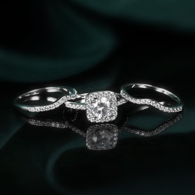 1.5 CT Round Cut Classic Three-in-One 3 Pieces Set Halo Wedding Engagement Promise Eternity Ring for Women R-0969
