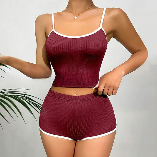 Sexy Bodycon Cami Shorts Set - Solid Ribbed Loungewear! Slim Fit Casual Pajama for Trendy Women