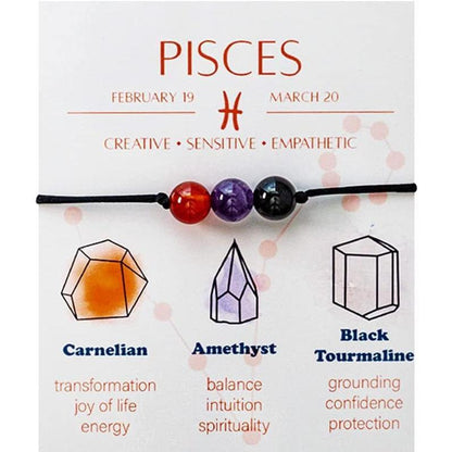 Zodiac Bead Bracelets - 3 Polished Birthstone Crystal Beaded Bracelets - Made of Real & Natural Gemstones, Adjustable 3-9.7” Black Rope - Jewelry for Men, Women, Teens, Kids - 8mm Beads