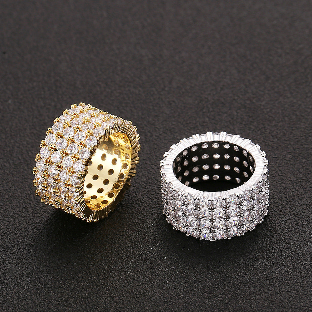 Fashion Copper Micro Paved Zircon Ring Men's Hip Hop Ring Four Rows Diamond Ring