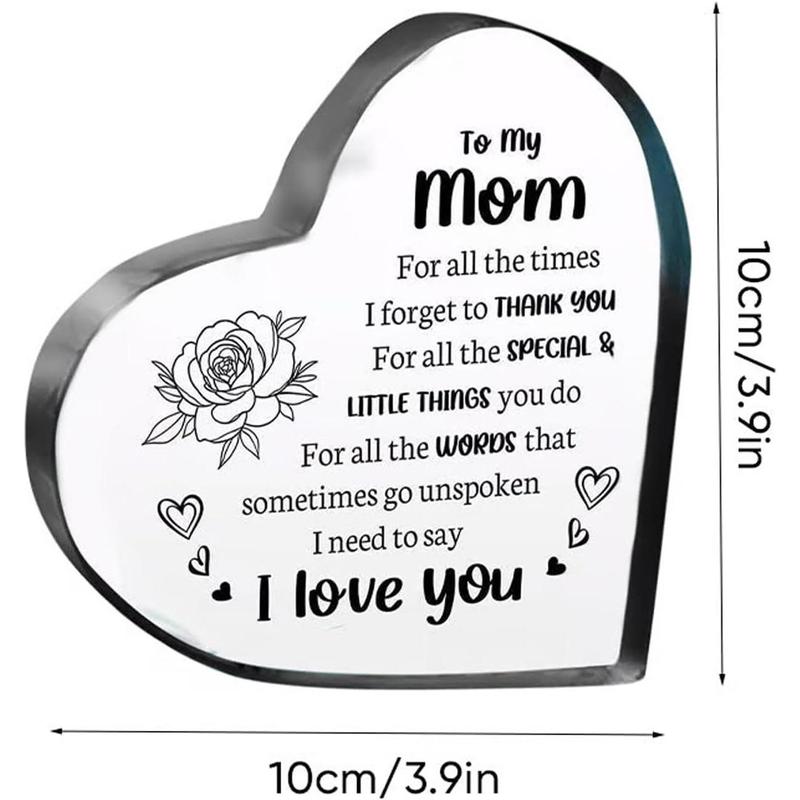 Heart Shaped Acrylic Block, Flower & Letter Pattern Decorative Ornament, Inspirational Creative Gift for Mom