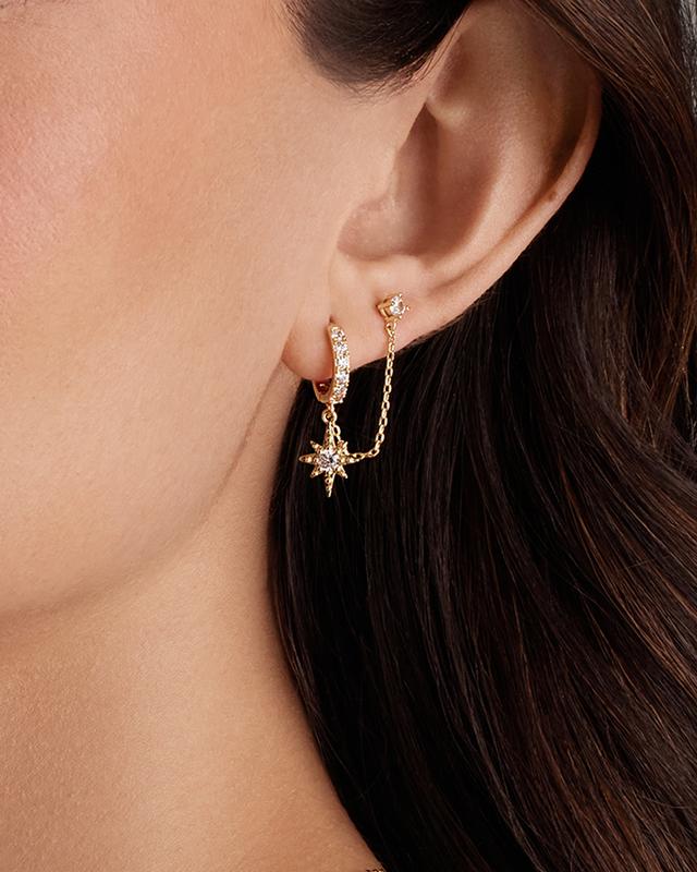 14K Gold Chain Earrings for Women | Double Piercing Dangle Chain Huggie Hoop Earrings | Cubic Zirconia Star Stud Ear Cuff Earrings for Women