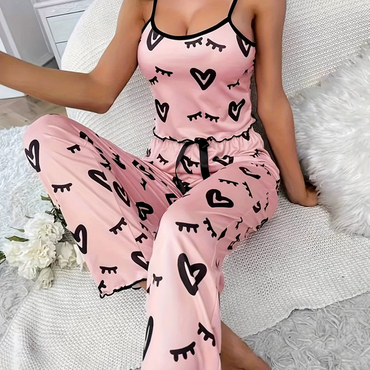 Printed heart, eyelash-trimmedcamisole and long pants leisurehomewear set made of milk silk.Two-piece set Fit Pajama Casual
