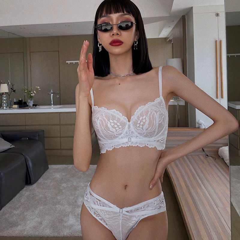 French underwear women's sexy breathable ultra-thin lace closed breast bra set gathered comfortable big breasts show small bra