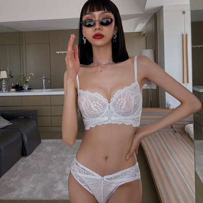 French underwear women's sexy breathable ultra-thin lace closed breast bra set gathered comfortable big breasts show small bra
